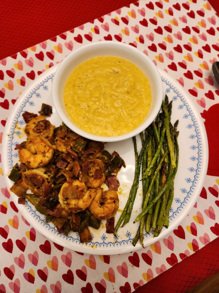 The classic shrimp and grits with perfectly roasted asparagus.
